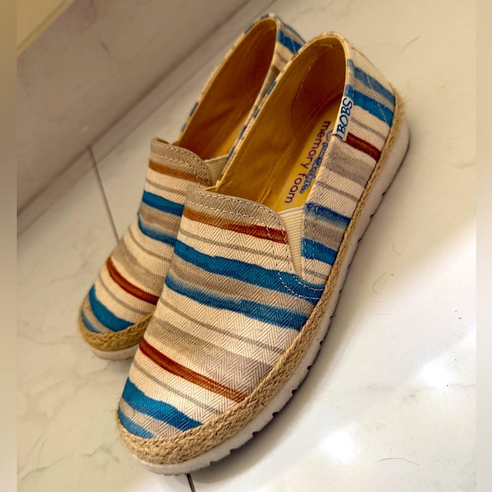 Bobs Skechers Striped Slip-On Shoes - Blue and Tan